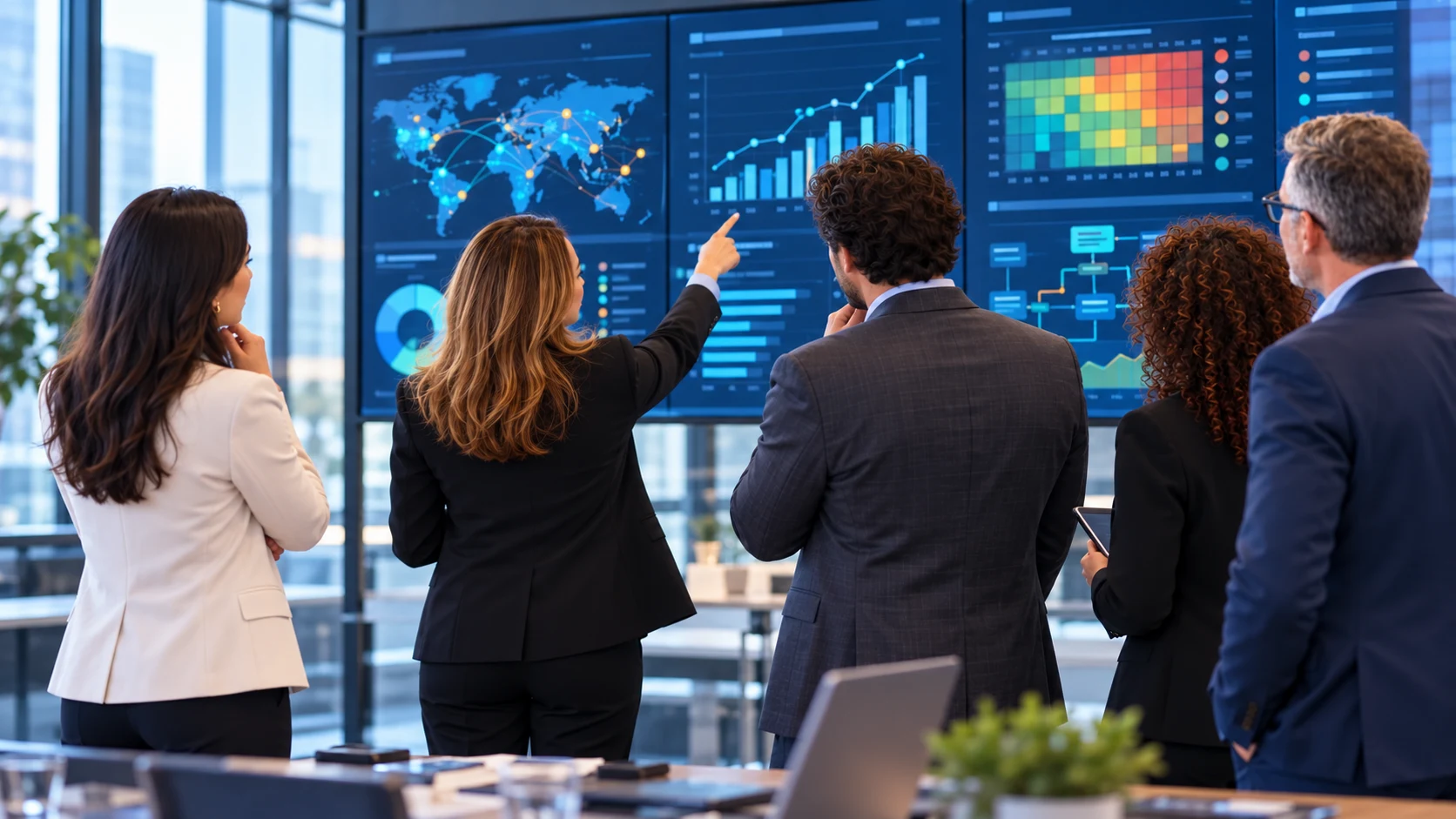 Sil Coria and four colleagues standing with their backs to the camera, as she points to a business dashboard on a large screen