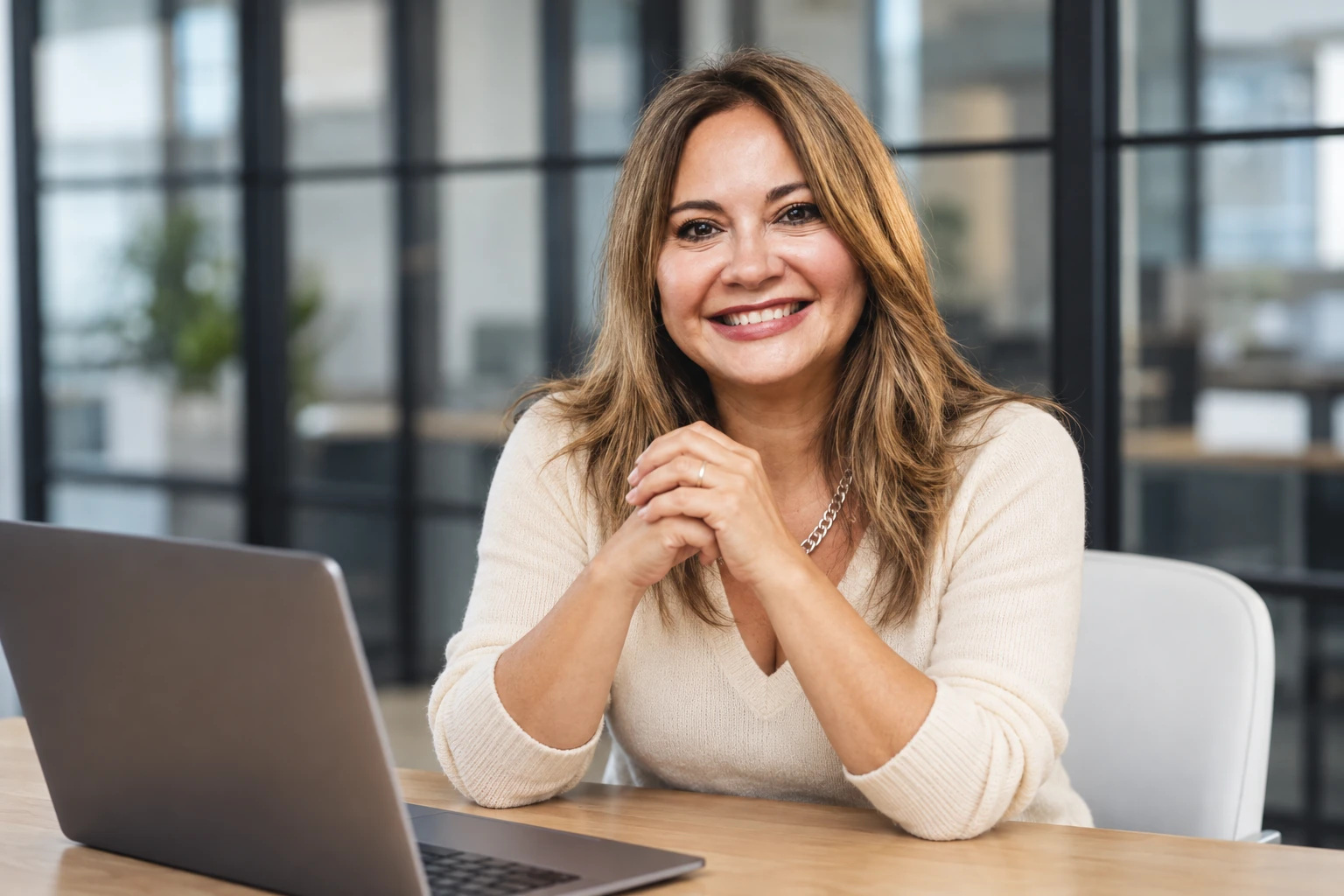 Sil Coria, Founder & Principal Advisor of Governance Forward, seated beside her laptop